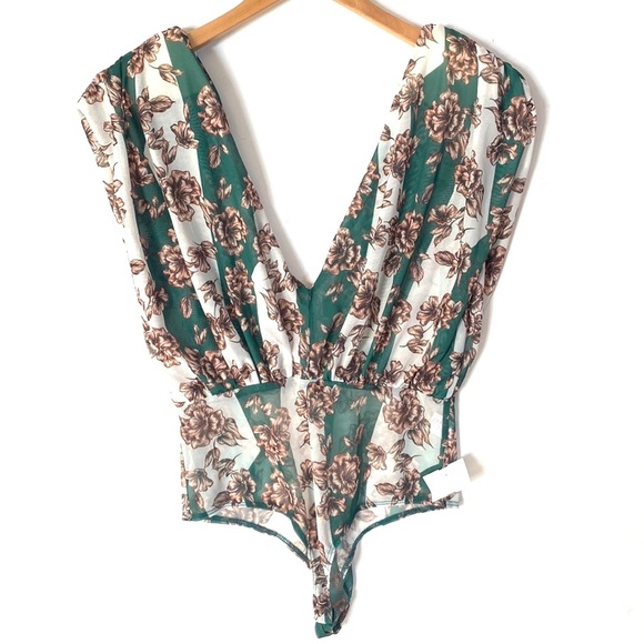(A4c) CQ by CQ sleeveless bodysuit green white and tan floral, Size Large, NWT - Picture 2 of 11